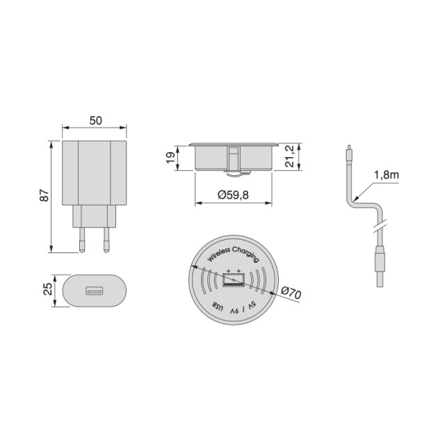 Emuca Caricatore wireless nascosto per mobile Airtop 2, Ø60mm, 5V DC 2A (QI-10W), Plastica nera, Tecnoplastica