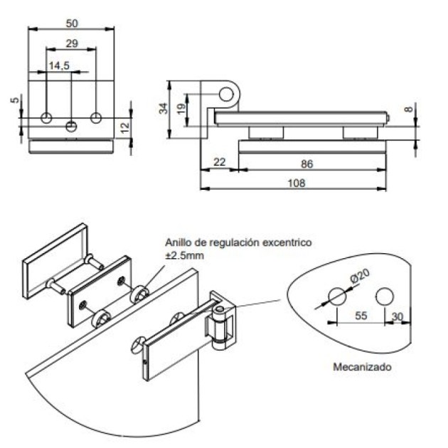 Emuca Cerniera per anta in vetro, cerniera orizzontale con forcella da 40 mm, per anta da 8-12 mm, alluminio e acciaio, grigio metallizzato
