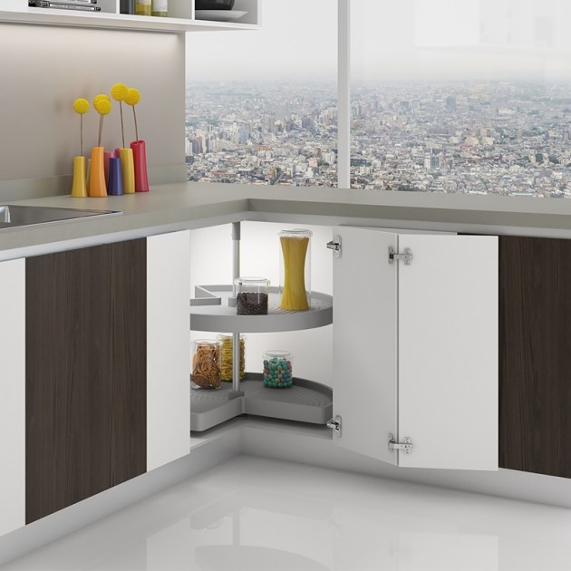 Emuca Coppia di cestelli girevole Shelvo 3/4, 900, Plastica grigia, Tecnoplastica e Alluminio