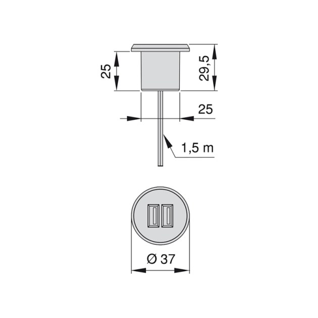 Emuca Connettore rotondo a incasso, 2 prese USB, D. 37 mm, Plastica, Grigio metallizzato