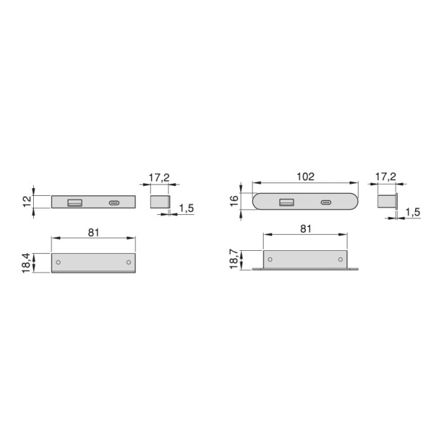 Emuca Connettore USB A+C Linky (81x12mm), 5V/9V DC 3A (15W), Plastica nera, Tecnoplastica