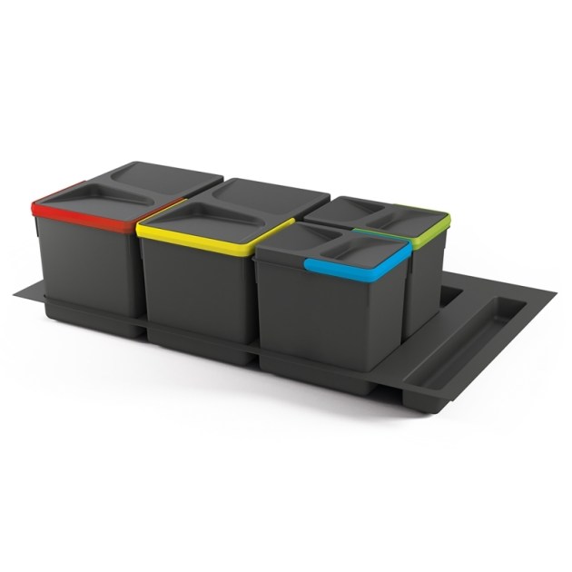 Emuca Contenitori per raccolta differenziata, 12 L+12 L+6 L+6 L, modulo 900 mm, Plastica, Grigio antracite, 4 u.+ Base