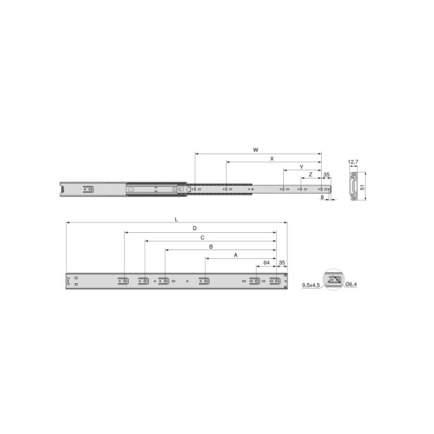 Emuca Coppia di guide a sfere per cassetti di grande portata, ad estrazione totale, altezza 51mm, 400, Zincato bianco, 4 u.