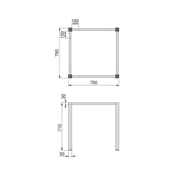 Emuca Gambe quadrate e struttura per tavolo, 50x50mm, 750x750, Verniciato nero, Acciaio
