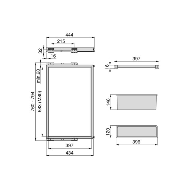 Emuca Kit 7 aste per pantaloni, 1 vassoio ausiliario e telaio con guide a chiusura morbida per armadio, regolabile, modulo 800mm, Grigio pietra