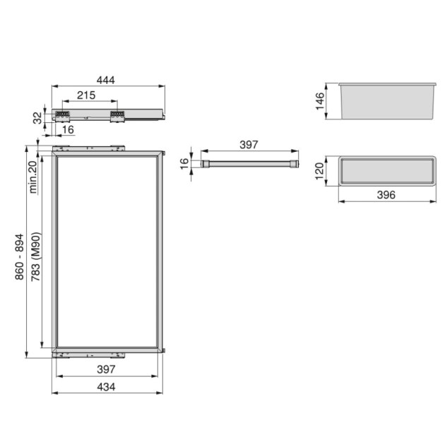 Emuca Kit 7 aste per pantaloni, 2 vassoi ausiliari e telaio con guide a chiusura morbida per armadio, regolabile, modulo 900mm, Grigio pietra