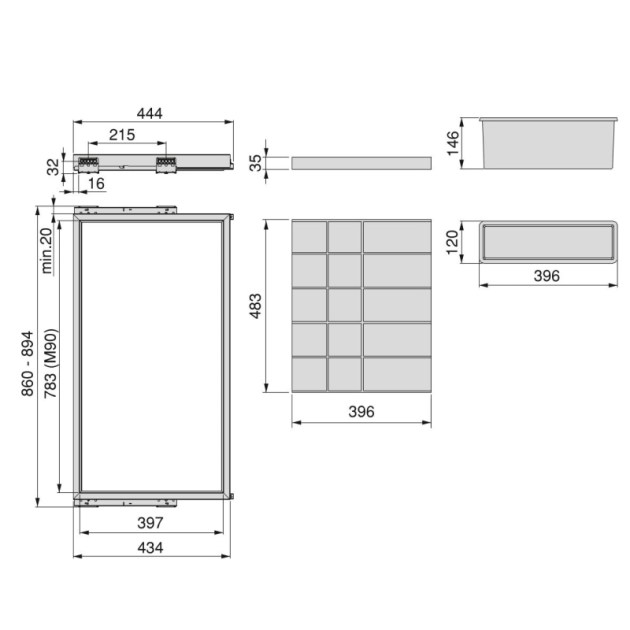 Emuca Kit cassetto organizzatore con vassoio ausiliario e telaio con guide a chiusura morbida per armadio, regolabile, modulo 900mm, Nero testurizzato e grigio pietra