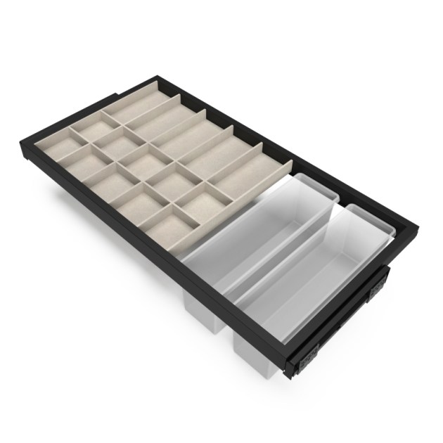 Emuca Kit cassetto organizzatore con vassoio ausiliario e telaio con guide a chiusura morbida per armadio, regolabile, modulo 900mm, Nero testurizzato e grigio pietra