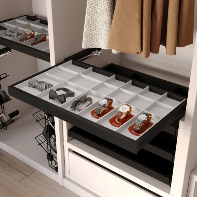 Emuca Kit cassetto organizzatore e telaio con guide a chiusura morbida per armadio, regolabile, modulo 900mm, Nero testurizzato e grigio pietra