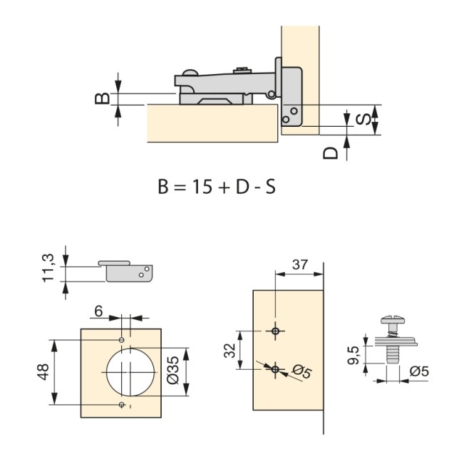 Emuca Kit cerniera collo dritto X91 con chiusura ammortizzata e basetta con montaggio misto, Nichelato, Acciaio, 20 u.