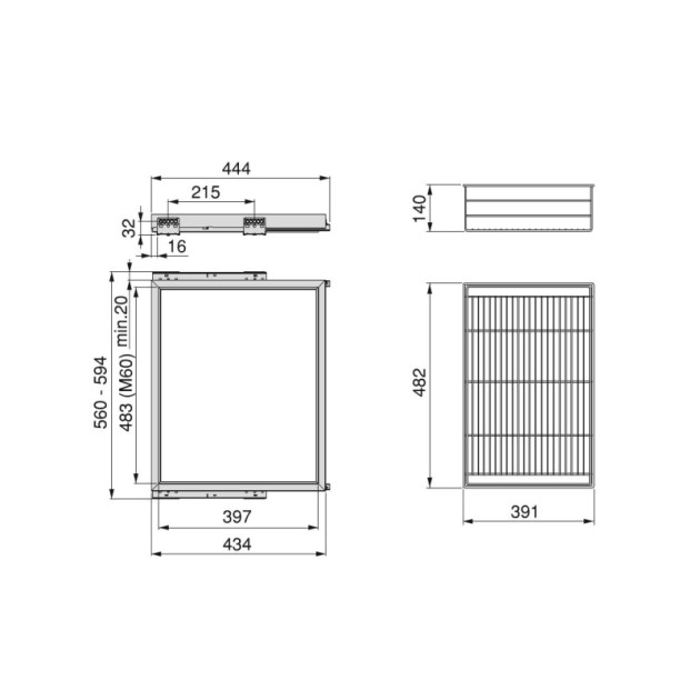 Emuca Kit cestello in filo metallico e telaio con guide a chiusura morbida per armadi, regolabile, modulo 600mm, Grigio pietra