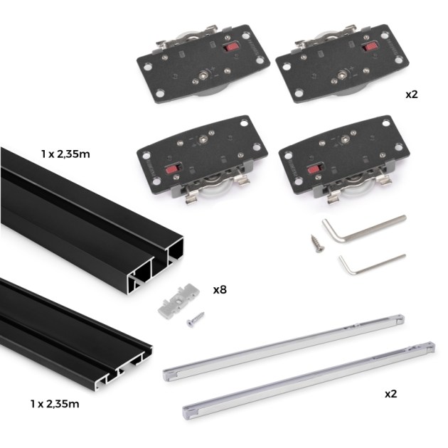 Emuca Kit di ferramentaper armadio Flow2 2 ante scorrevoli e chiusura morbida con binari di superficie da 2,35 m, pannelli non inclusi, Verniciato nero