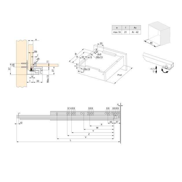 Emuca Guide a scomparsa Silver per cassetti ad estrazione totale con chiusura soft, 350, Zincato bianco, Acciaio