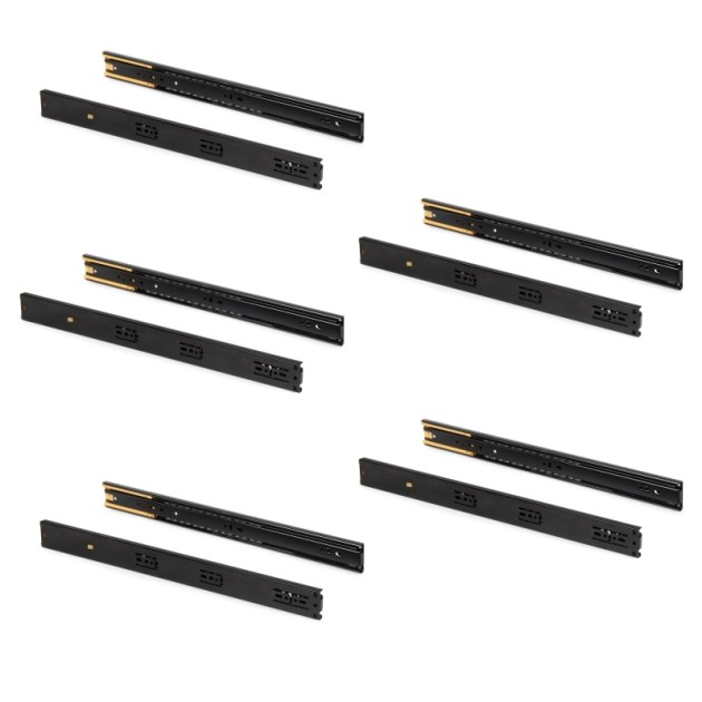 Emuca Kit guide per cassetti, a sfera, 45 x 400 mm, estrazione totale, chiusura soft, Nero, 5 u.