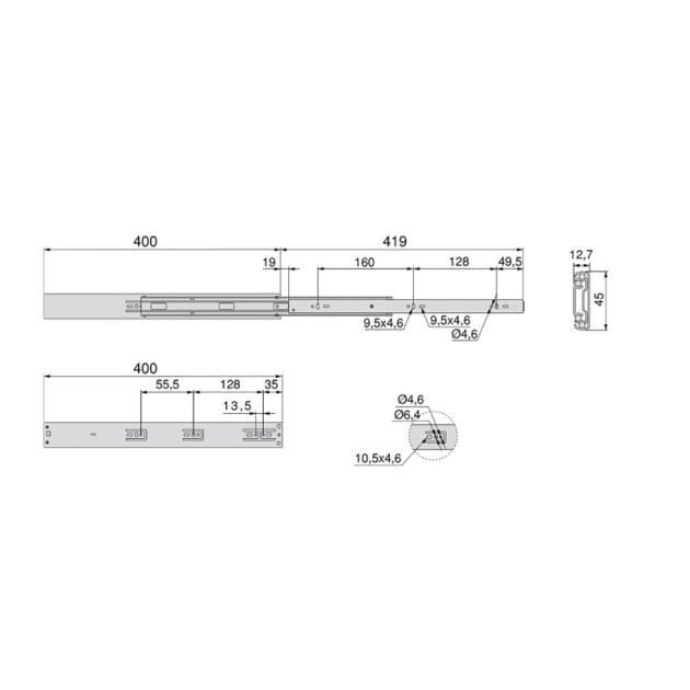 Emuca Guide a sfere per cassetti con estrazione totale e chiusura soft, altezza 45 mm, 400, Zincato bianco, Acciaio