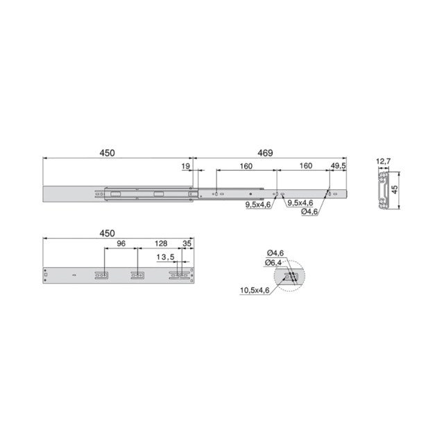 Emuca Kit guide per cassetti, a sfera, 45 x 450 mm, estrazione totale, chiusura soft, Zincato, 5 u.