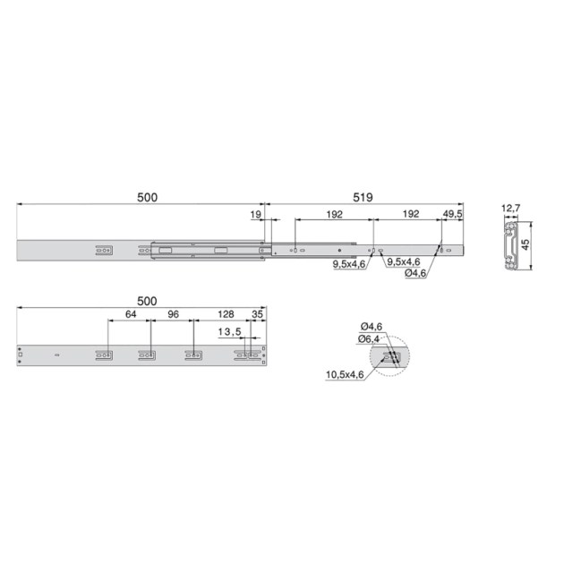 Emuca Kit guide per cassetti, a sfera, 45 x 500 mm, estrazione totale, chiusura soft, Zincato, 5 u.