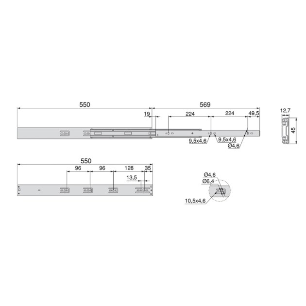 Emuca Kit guide per cassetti, a sfera, 45 x 550 mm, estrazione totale, chiusura soft, Zincato, 5 u.