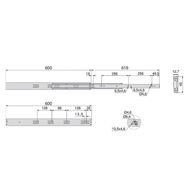 Emuca Guide a sfere per cassetti con estrazione totale e chiusura soft, altezza 45 mm, 600, Zincato bianco, Acciaio