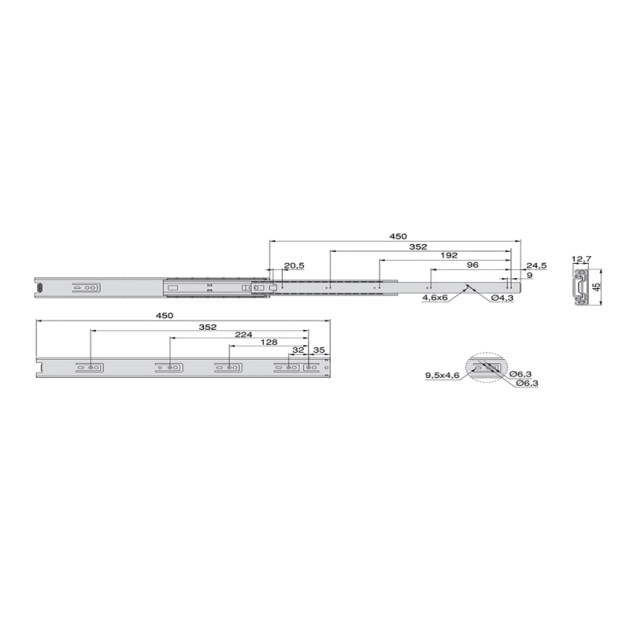Emuca Kit guide per cassetti, a sfera, 45x 450 mm, estrazione totale, Nero, 5 u.