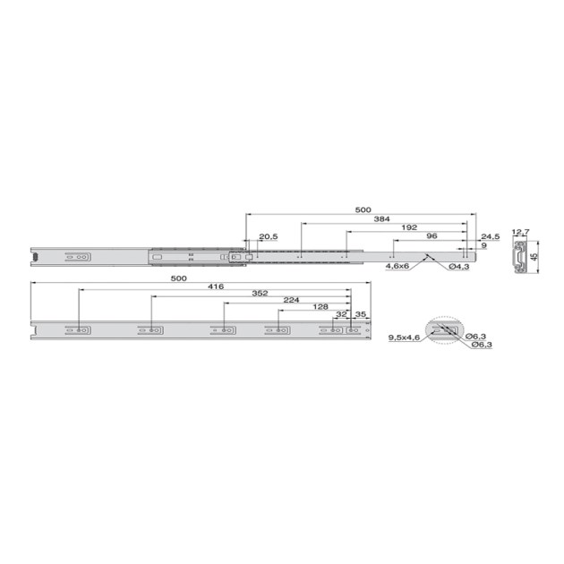 Emuca Kit guide per cassetti, a sfera, 45x 600 mm, estrazione totale, Nero, 5 u.
