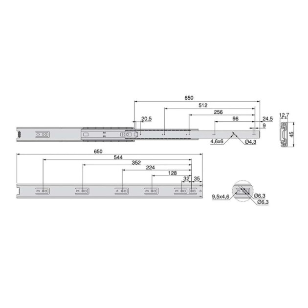 Emuca Kit guide per cassetti, a sfera, 45x 650 mm, estrazione totale, Zincato, 5 u.