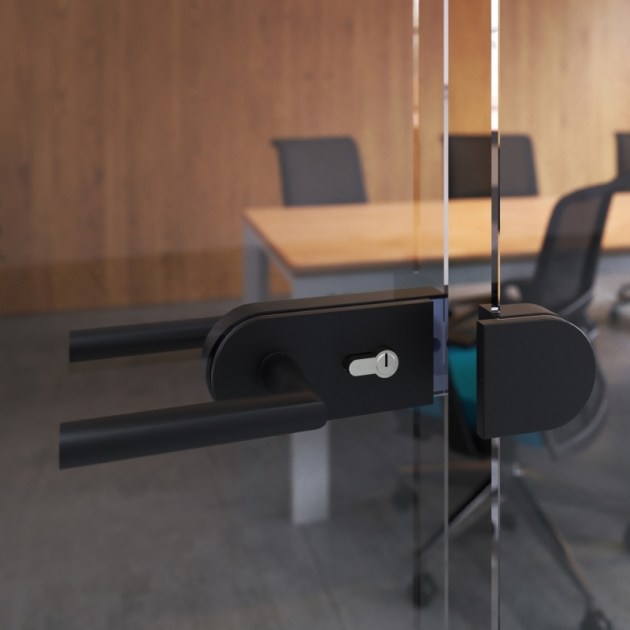 Emuca Kit serratura e riscontro per porte a doppio vetro, scrocco orizzontale per porta in vetro 8-12mm, acciaio e alluminio, verniciato nero