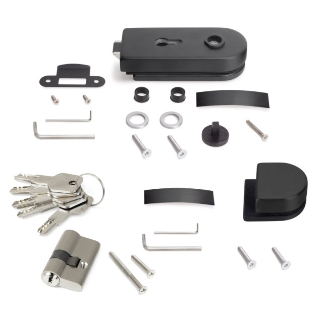 Emuca Kit serratura e riscontro per porte a doppio vetro, scrocco orizzontale per porta in vetro 8-12mm, acciaio e alluminio, verniciato nero