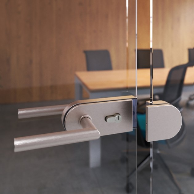 Emuca  Kit serratura e riscontro per porte a doppio vetro, scrocco orizzontale per porta in vetro 8-12mm, acciaio, finitura inox