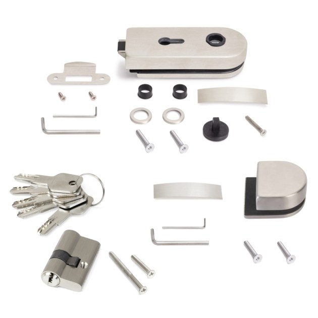 Emuca  Kit serratura e riscontro per porte a doppio vetro, scrocco orizzontale per porta in vetro 8-12mm, acciaio, finitura inox