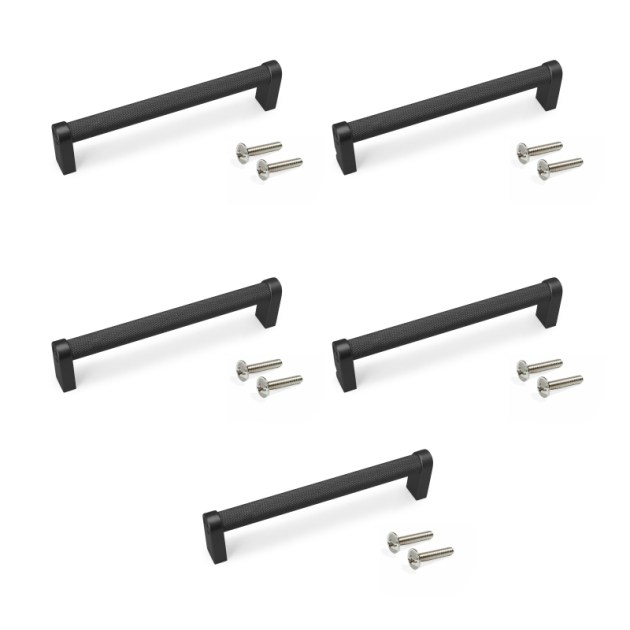 Emuca Lotto di 5 maniglie per mobili Bergen, L141mm, interasse 128mm, Alluminio, Verniciato nero
