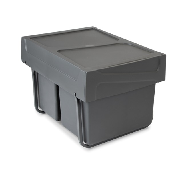 Emuca Pattumiere per raccolta differenziata per cucina, 2 x 15 L, fissaggio inferiore ed estrazione manuale., Plastica grigio antracite