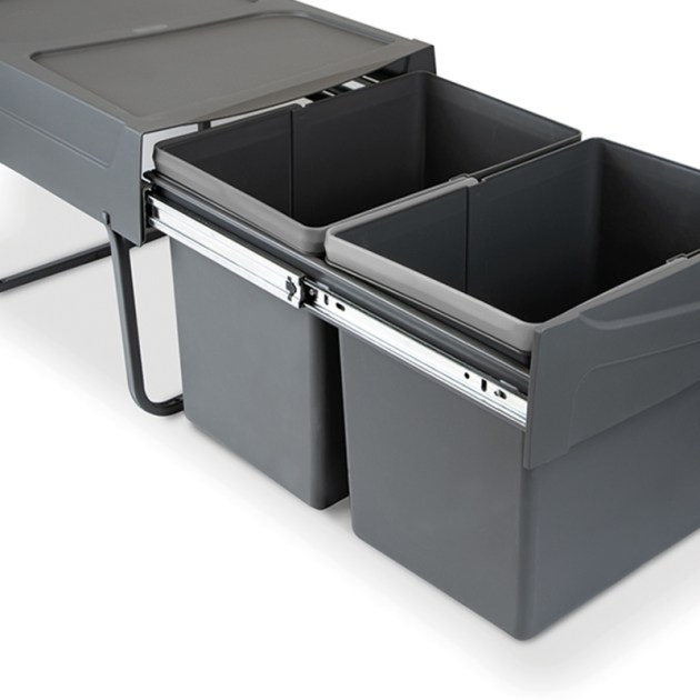 Emuca Pattumiere per raccolta differenziata per cucina, 2 x 15 L, fissaggio inferiore ed estrazione manuale., Plastica grigio antracite