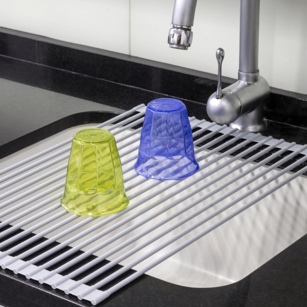 Emuca Scolapiatti in acciaio e silicone flessibile, Plastica grigia, Acciaio e Tecnoplastica