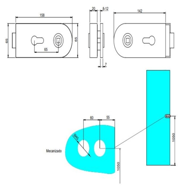 Emuca Serratura per porta in vetro con telaio in legno, scrocco orizzontale per porta in vetro 8-12mm, acciaio e alluminio, anodizzato opaco