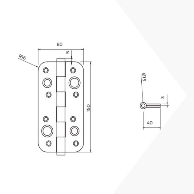 Emuca Set di 5 cerniere di sicurezza per porte, 150x80mm, Cerniere antiscasso con bordi arrotondati, senza perno di blocco, acciaio, nero,