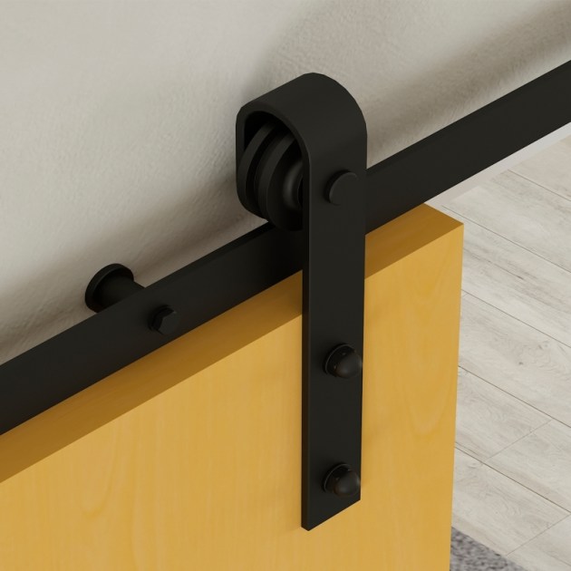 Emuca Sistema Barn per ante scorrevoli in legno sospese, Senza chiusura soft, Verniciato nero, Acciaio e Tecnoplastica