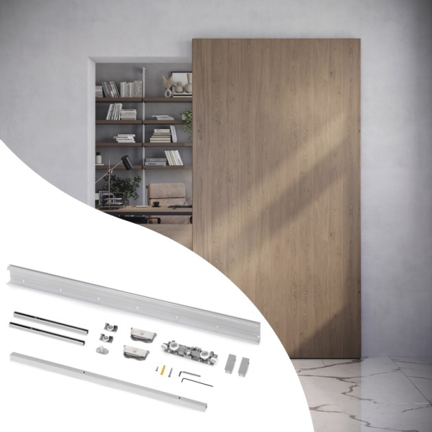 Emuca Sistema Wall per ante scorrevoli sospese in legno con chiusura soft, Acciaio e Alluminio e Tecnoplastica