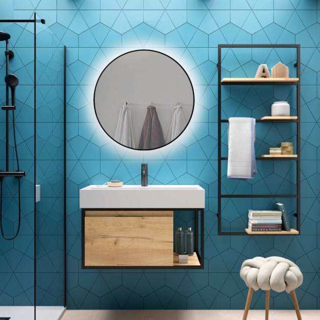 Emuca Specchio Zeus con illuminazione LED decorativa e cornice nera, diametro 80 cm, 12 W, Alluminio e Vetro, 1 u.