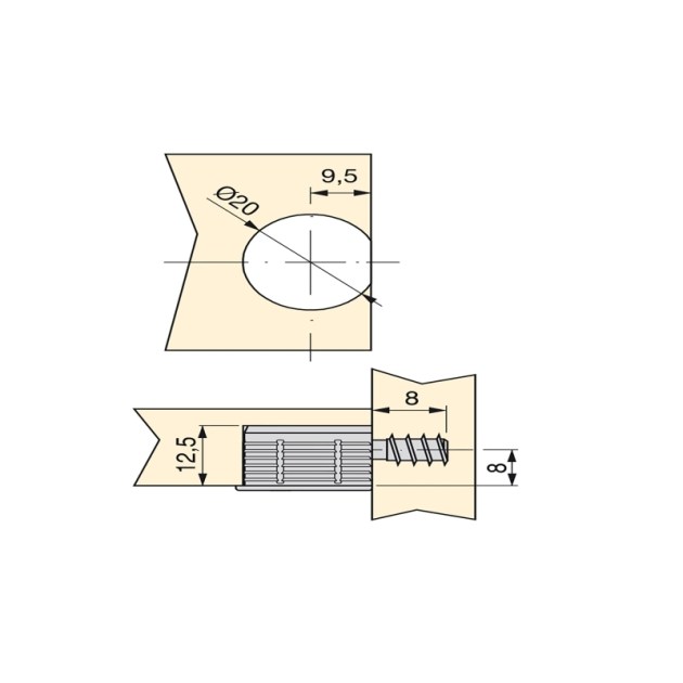 Emuca Supporto per ripiani, D. 20 mm, 12,5 mm + Perni D.6 mm, 8 mm, Zama e Acciaio, Nichelato, 20 u.