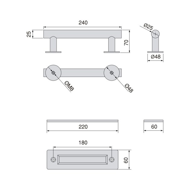Maniglia Emuca per porte scorrevoli in legno Pasadena, lunghezza 240 mm, perno 180 mm, Acciaio, texture Nera
