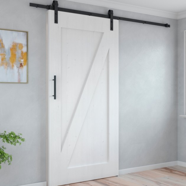 Emuca Sistema Barn per ante scorrevoli in legno sospese, Con chiusura soft, Verniciato nero, Acciaio e Tecnoplastica