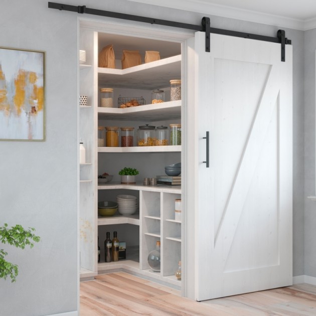 Emuca Sistema Barn per ante scorrevoli in legno sospese, Con chiusura soft, Verniciato nero, Acciaio e Tecnoplastica