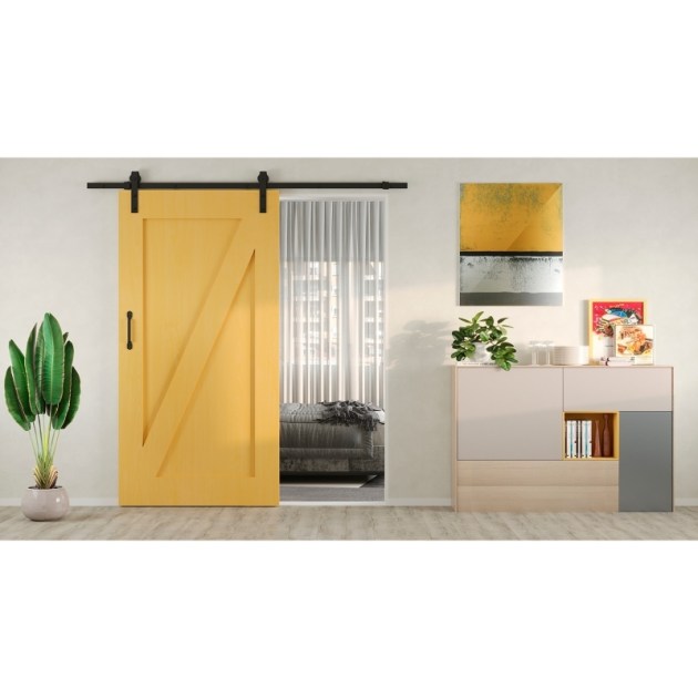 Emuca Sistema Barn per ante scorrevoli in legno sospese, Con chiusura soft, Verniciato nero, Acciaio e Tecnoplastica