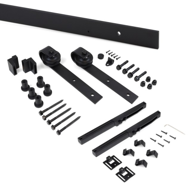 Emuca Sistema Barn per ante scorrevoli in legno sospese, Con chiusura soft, Verniciato nero, Acciaio e Tecnoplastica