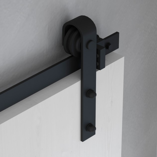 Emuca Sistema Barn per ante scorrevoli in legno sospese, Con chiusura soft, Verniciato nero, Acciaio e Tecnoplastica