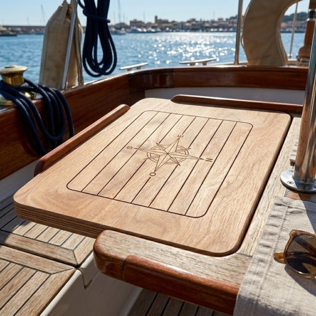 Piano Tavolo Nautico in Legno di Okoumè Naturale con incisione Rosa dei Venti